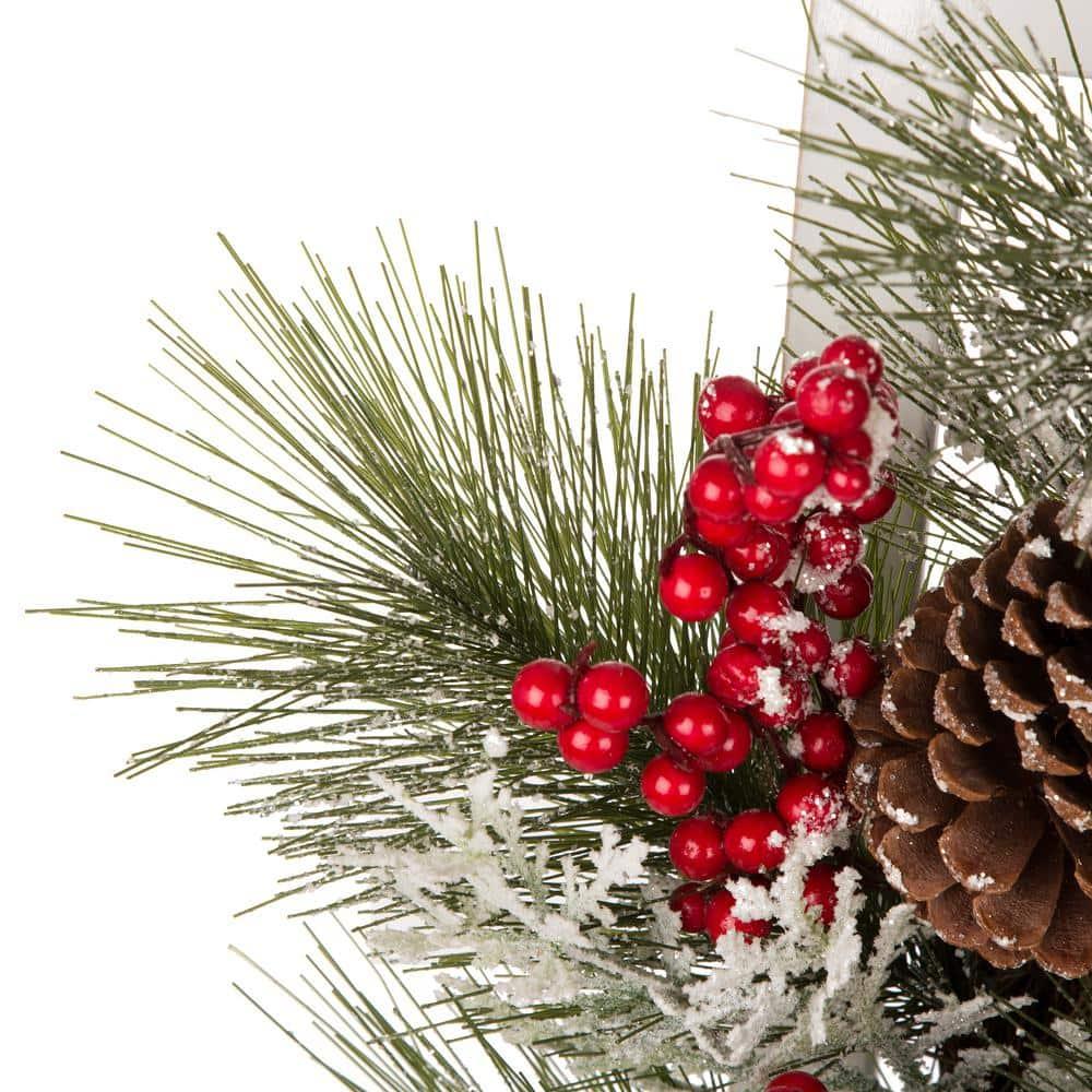 24 in. Artificial Dia Flocked Pinecone and Berry Wreath with Wooden Window Frame