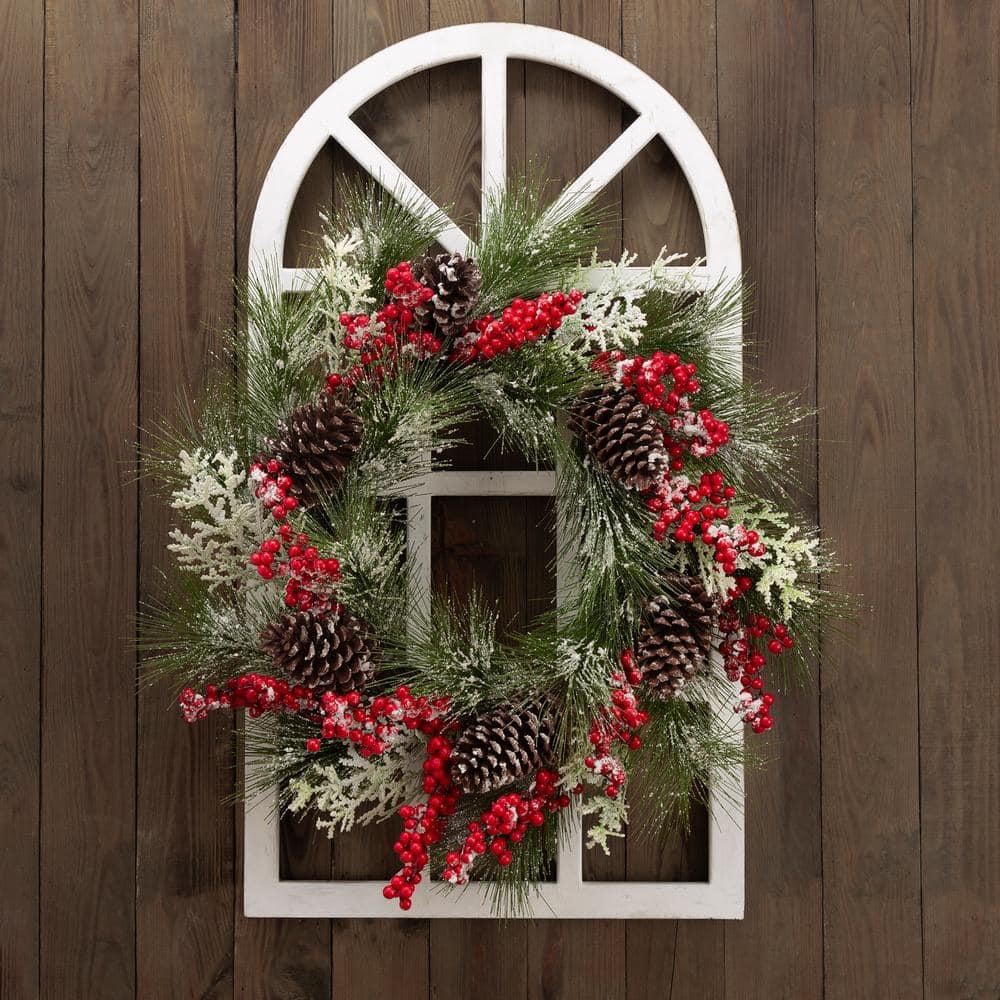 24 in. Artificial Dia Flocked Pinecone and Berry Wreath with Wooden Window Frame