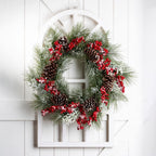 24 in. Artificial Dia Flocked Pinecone and Berry Wreath with Wooden Window Frame