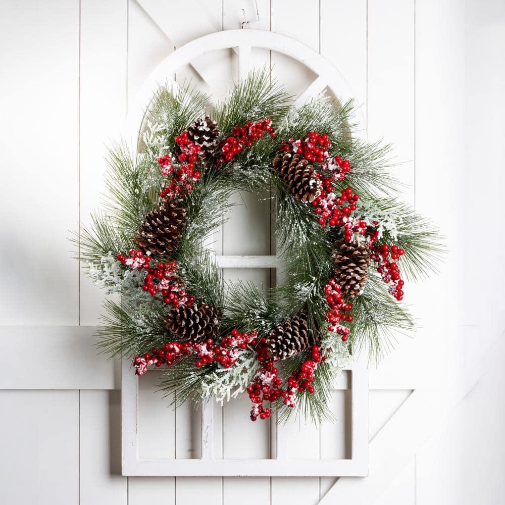 24 in. Artificial Dia Flocked Pinecone and Berry Wreath with Wooden Window Frame