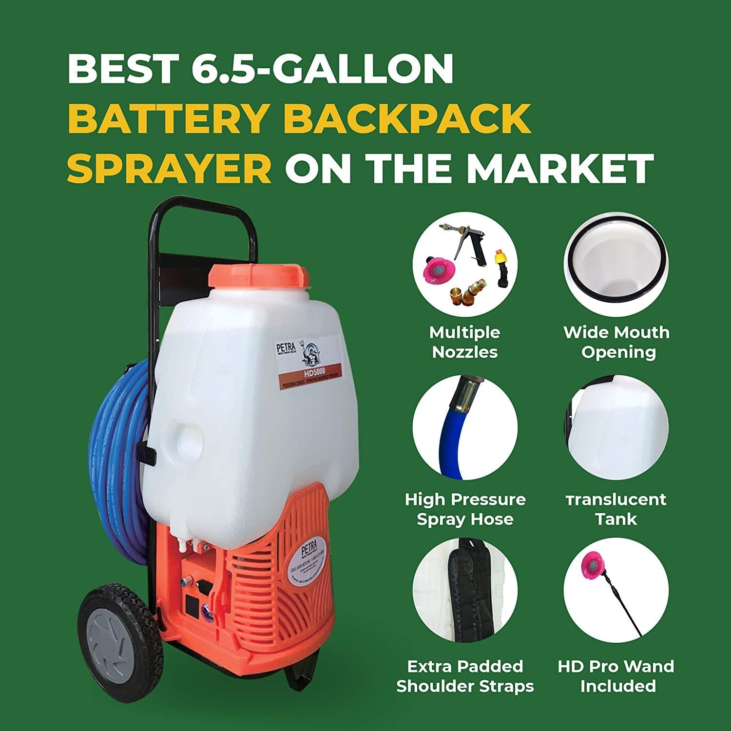 PetraTools Powered Backpack Sprayer with Custom Fitted Cart and 100 Foot Commercial Hose, 2 Hoses Included, Commercial Quality Heavy Duty Sprayer (6.5 Gallon Cart Sprayer)