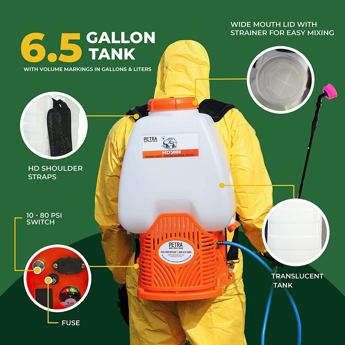 PetraTools Powered Backpack Sprayer with Custom Fitted Cart and 100 Foot Commercial Hose, 2 Hoses Included, Commercial Quality Heavy Duty Sprayer (6.5 Gallon Cart Sprayer)