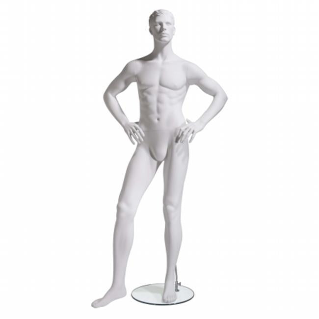 Male Mannequin - Molded Head, Hands On Hips, Right Leg Slightly Forward