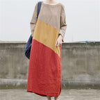 Women Color Block Loose Long Sleeve Casual Maxi Long Sleeve Dress