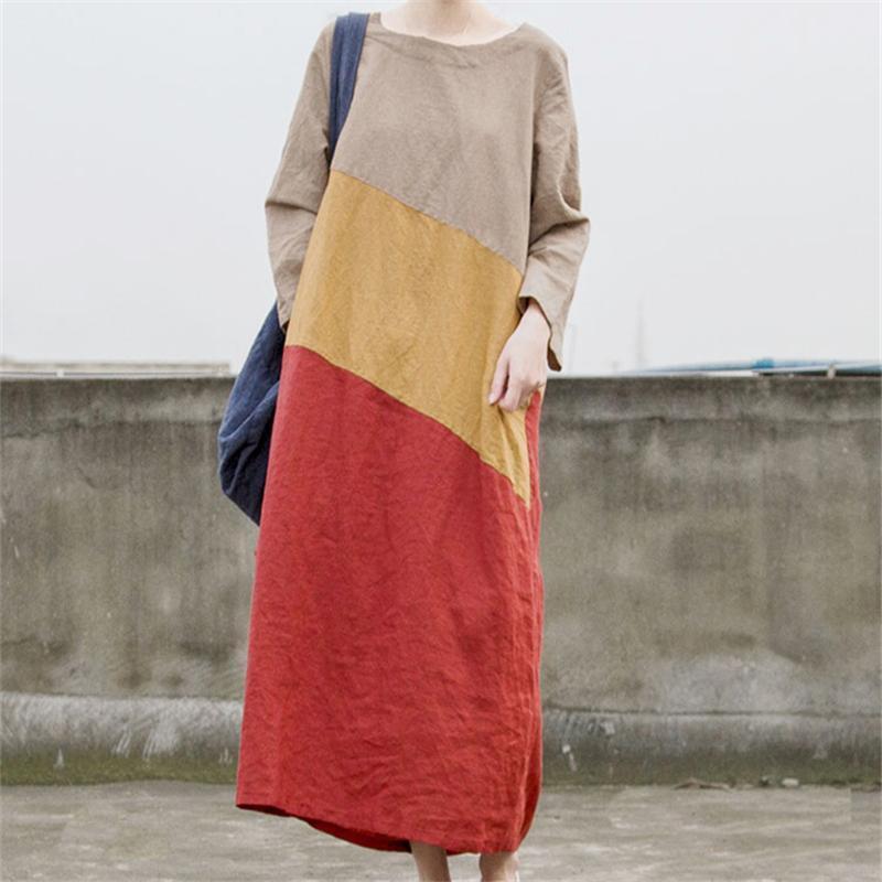 Women Color Block Loose Long Sleeve Casual Maxi Long Sleeve Dress