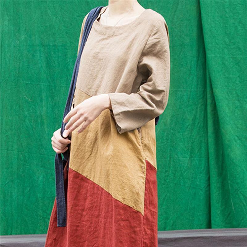 Women Color Block Loose Long Sleeve Casual Maxi Long Sleeve Dress