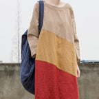 Women Color Block Loose Long Sleeve Casual Maxi Long Sleeve Dress