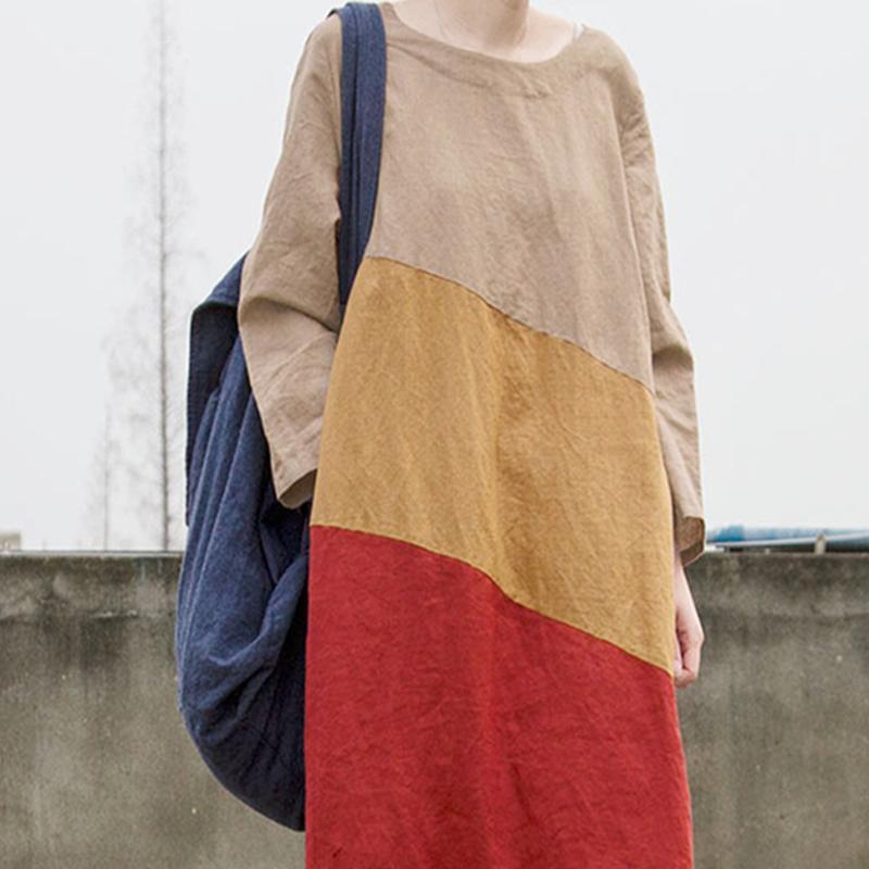 Women Color Block Loose Long Sleeve Casual Maxi Long Sleeve Dress