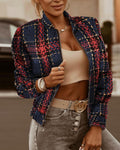 plaid print long sleeve zipper up baseball jacket