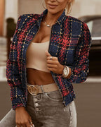 plaid print long sleeve zipper up baseball jacket