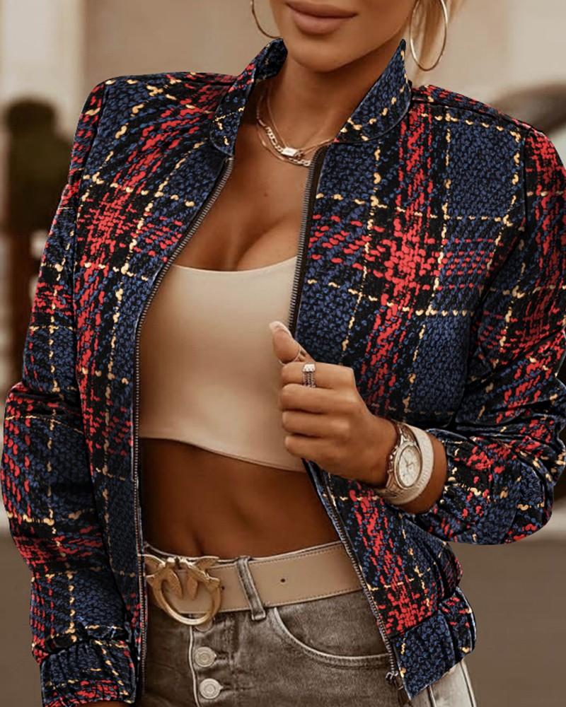 plaid print long sleeve zipper up baseball jacket