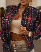 plaid print long sleeve zipper up baseball jacket
