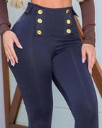 double breasted decor drawstring skinny pants