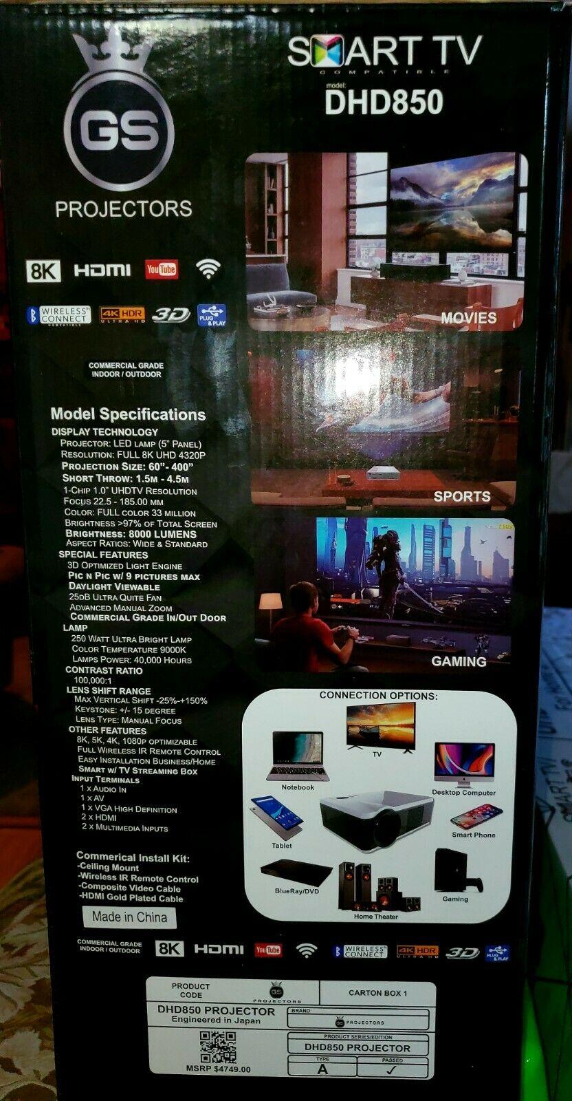 brand new! 8k tv projector, uhd motorized projection screen and 1 800w soundbar