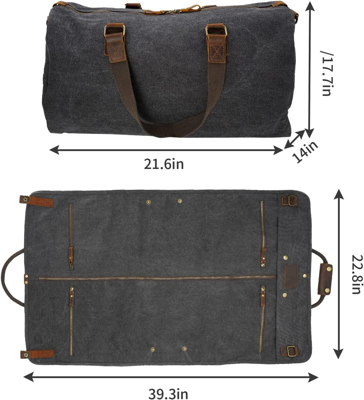 2 in 1 Canvas Leather Suit Luggage Garment Bag with Shoulder Strap for Travel and Business Trips (Black)