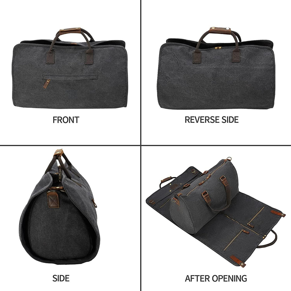 2 in 1 Canvas Leather Suit Luggage Garment Bag with Shoulder Strap for Travel and Business Trips (Black)