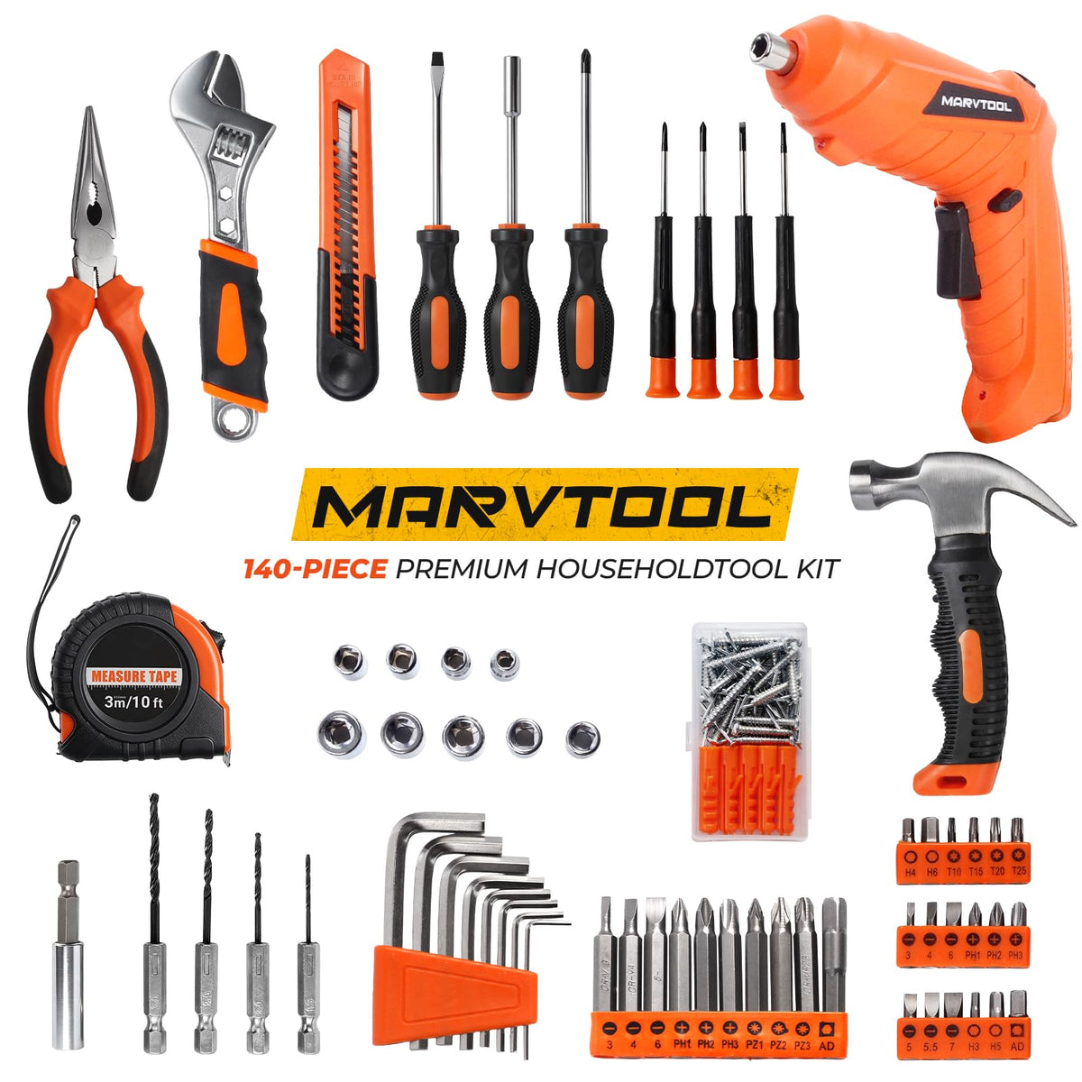 140 Piece Basic Tool Set, Portable Tool Box with Cordless Drill, Home Repair Hand Tool Kit, General Household Drill Set, Toolbox with StoraCase for Homeowner, DIY, Handyman, Women, Men