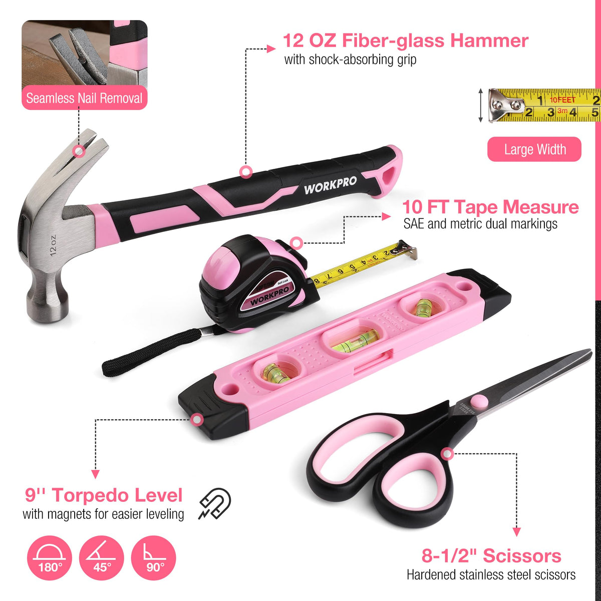 Pink Tool Set, 277 PCS Home Repairing Tool Kit, Pink Tool Bag with 13-Inch Wide Mouth Open StoraBag, Portable Home Tool Kit Including Hammer, Screwdriver, and Household Tools - Pink Ribbon