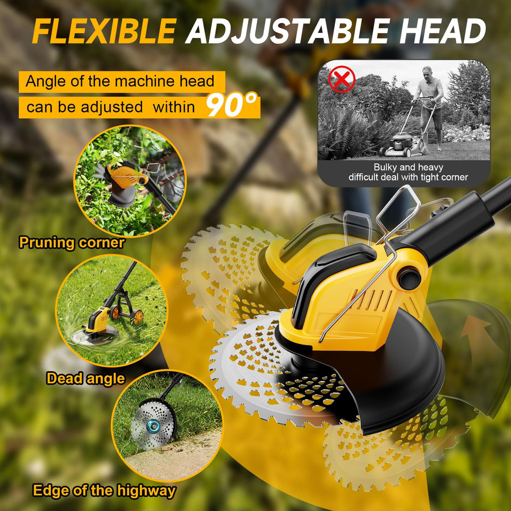Brushless 6000mAh Cordless Weed Wacker Edger with Wheel, 4-in-1 Electric Weed Eater Battery Powered Brush Cutter, Grass Trimmer Stringless Weed Trimmer Lawn Mower Metal Blade Battery Charger