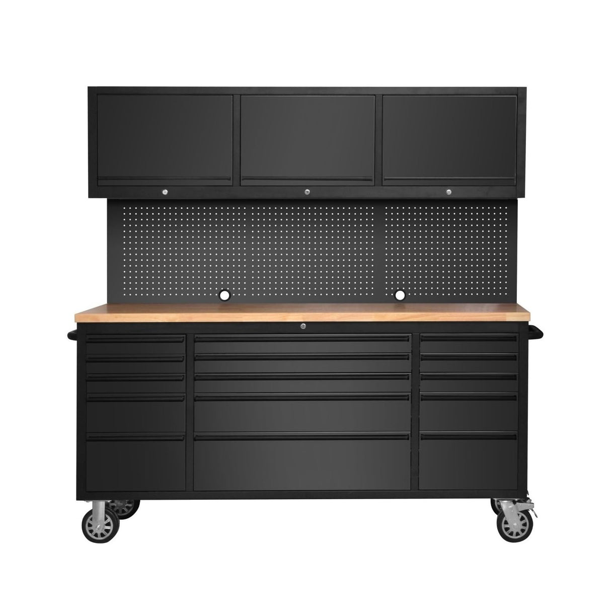 72-inch Tool Chest Cabinet Rolling GaraWorkbench with 15 StoraDrawers and Wheels, 3 Upper Cabinet, Pegboard, Steel LarTool Box,Matte Black