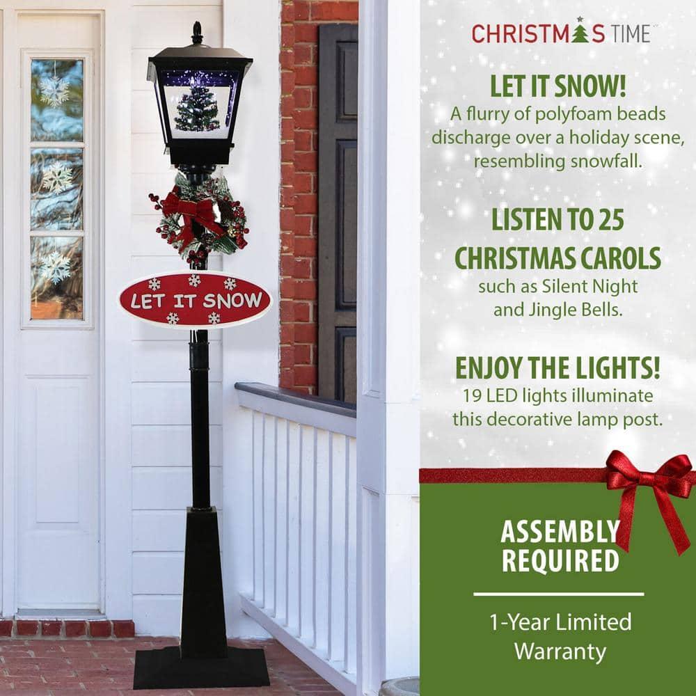 71 in. Black Christmas Musical Snowy Street Lamp with Christmas Scene, 2 Signs, Cascading Snow and Holiday Songs