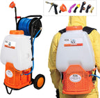 PetraTools Battery Backpack Sprayer with Custom Fitted Cart and 100 Foot Commercial Hose, 2 Hoses Included, Commercial Quality Heavy Duty Sprayer (HD5000 6.5-Gallon with Reel Cart)