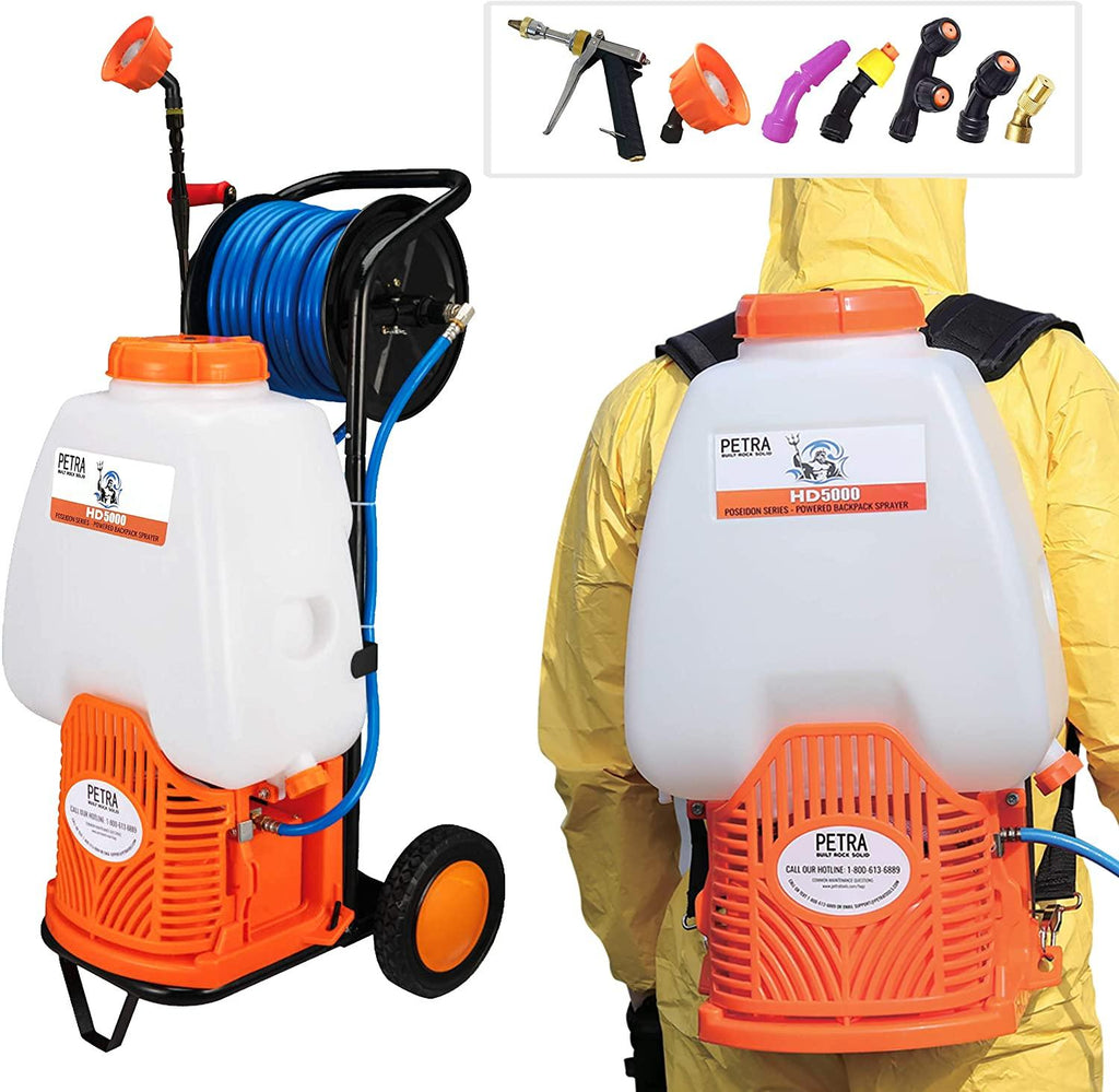 PetraTools Battery Backpack Sprayer with Custom Fitted Cart and 100 Foot Commercial Hose, 2 Hoses Included, Commercial Quality Heavy Duty Sprayer (HD5000 6.5-Gallon with Reel Cart)