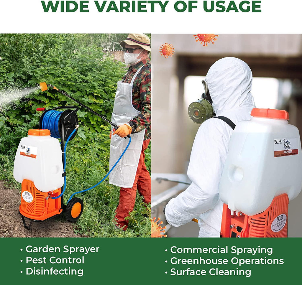 PetraTools Battery Backpack Sprayer with Custom Fitted Cart and 100 Foot Commercial Hose, 2 Hoses Included, Commercial Quality Heavy Duty Sprayer (HD5000 6.5-Gallon with Reel Cart)