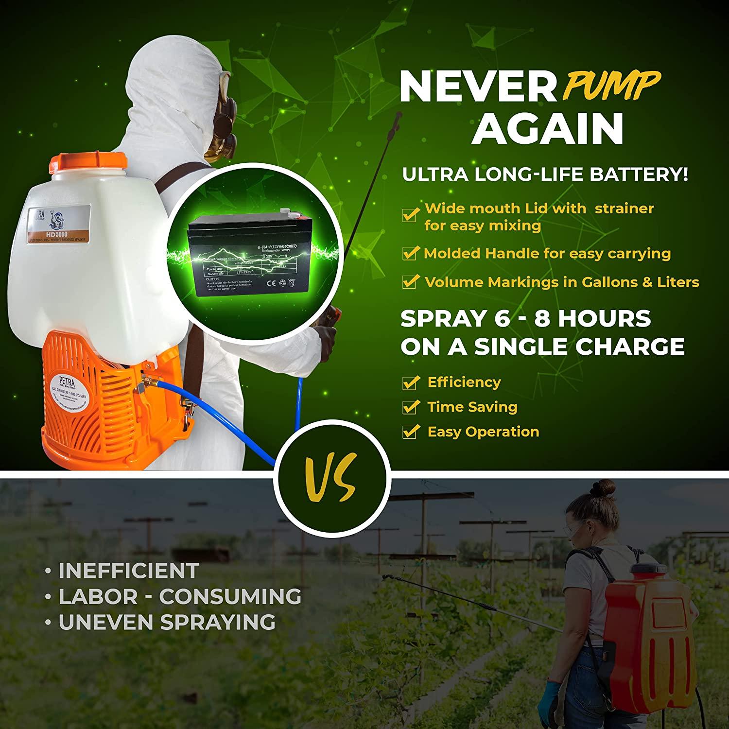 PetraTools Battery Backpack Sprayer with Custom Fitted Cart and 100 Foot Commercial Hose, 2 Hoses Included, Commercial Quality Heavy Duty Sprayer (HD5000 6.5-Gallon with Reel Cart)
