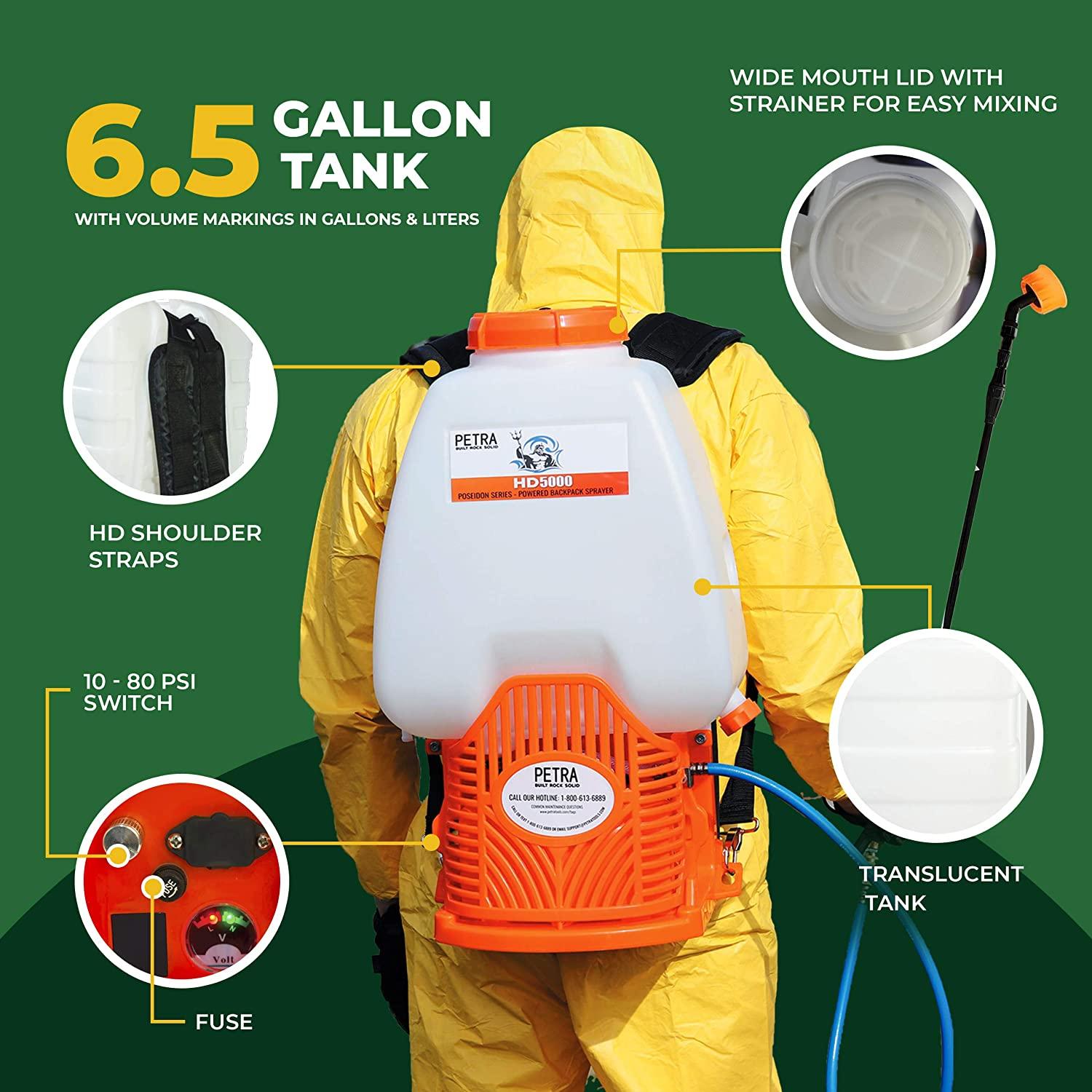 PetraTools Battery Backpack Sprayer with Custom Fitted Cart and 100 Foot Commercial Hose, 2 Hoses Included, Commercial Quality Heavy Duty Sprayer (HD5000 6.5-Gallon with Reel Cart)