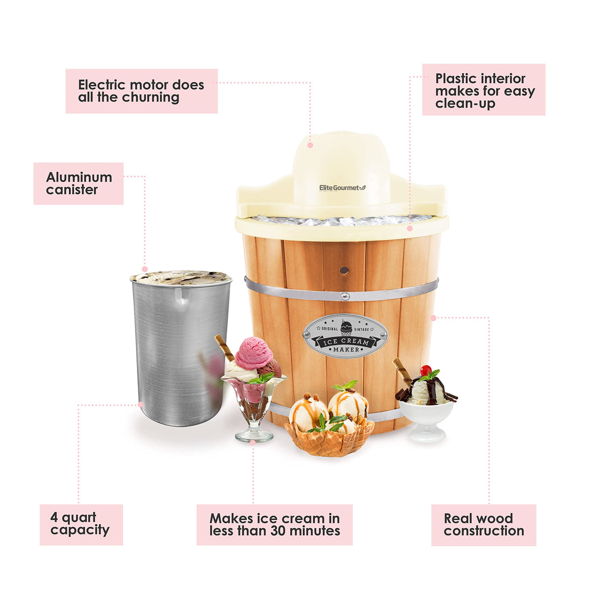 EIM-924LX 4 quart Old Fashioned Electric Ice Cream Maker, Pine Bucket