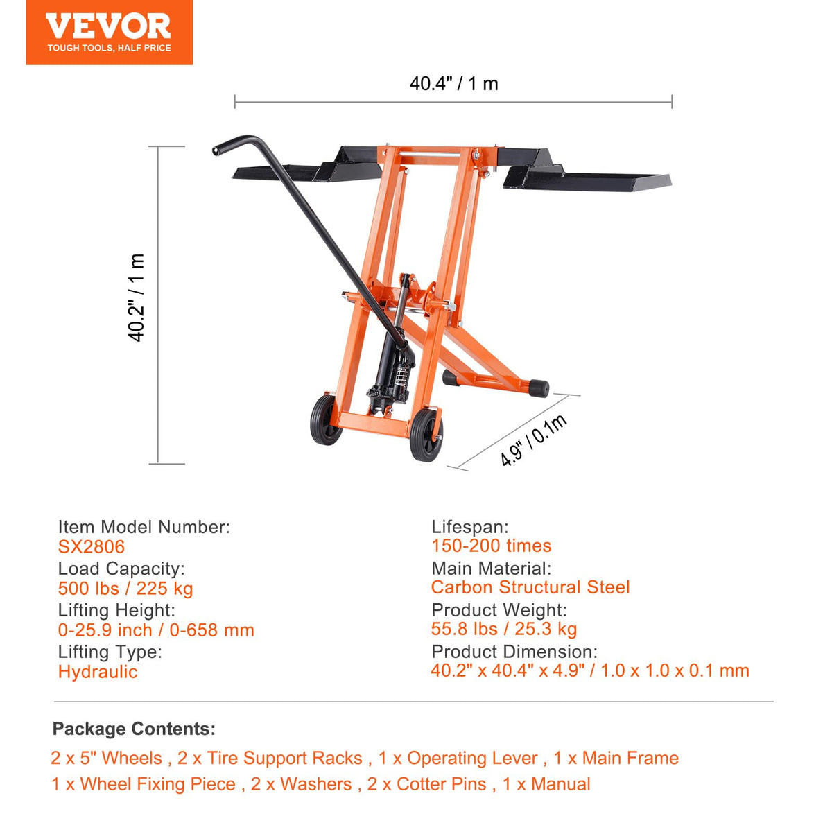 Lawn Mower Lift with Hydraulic Jack, 500 Lbs Weight Capacity, Solid Carbon Steel Lawn Mower Lift, Adjustable Movable Lawn Lifter for Riding Tractors and Zero Turn Lawn Mowers, Orange