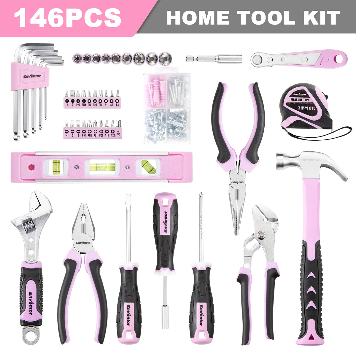 Pink Tool Kit Set for Women, 146PCS General Household Hand Tool Kit with StoraToolbox, Ladies Small Basic Tool Kits for Home Maintenance, DIY Projects