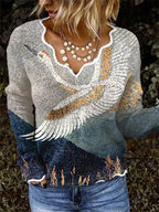 Long Sleeve With V-Neck And Crane Print T-Shirt