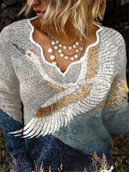 Long Sleeve With V-Neck And Crane Print T-Shirt