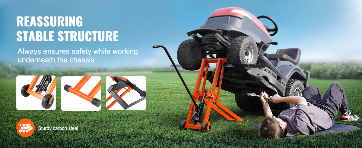 Lawn Mower Lift with Hydraulic Jack, 500 Lbs Weight Capacity, Solid Carbon Steel Lawn Mower Lift, Adjustable Movable Lawn Lifter for Riding Tractors and Zero Turn Lawn Mowers, Orange