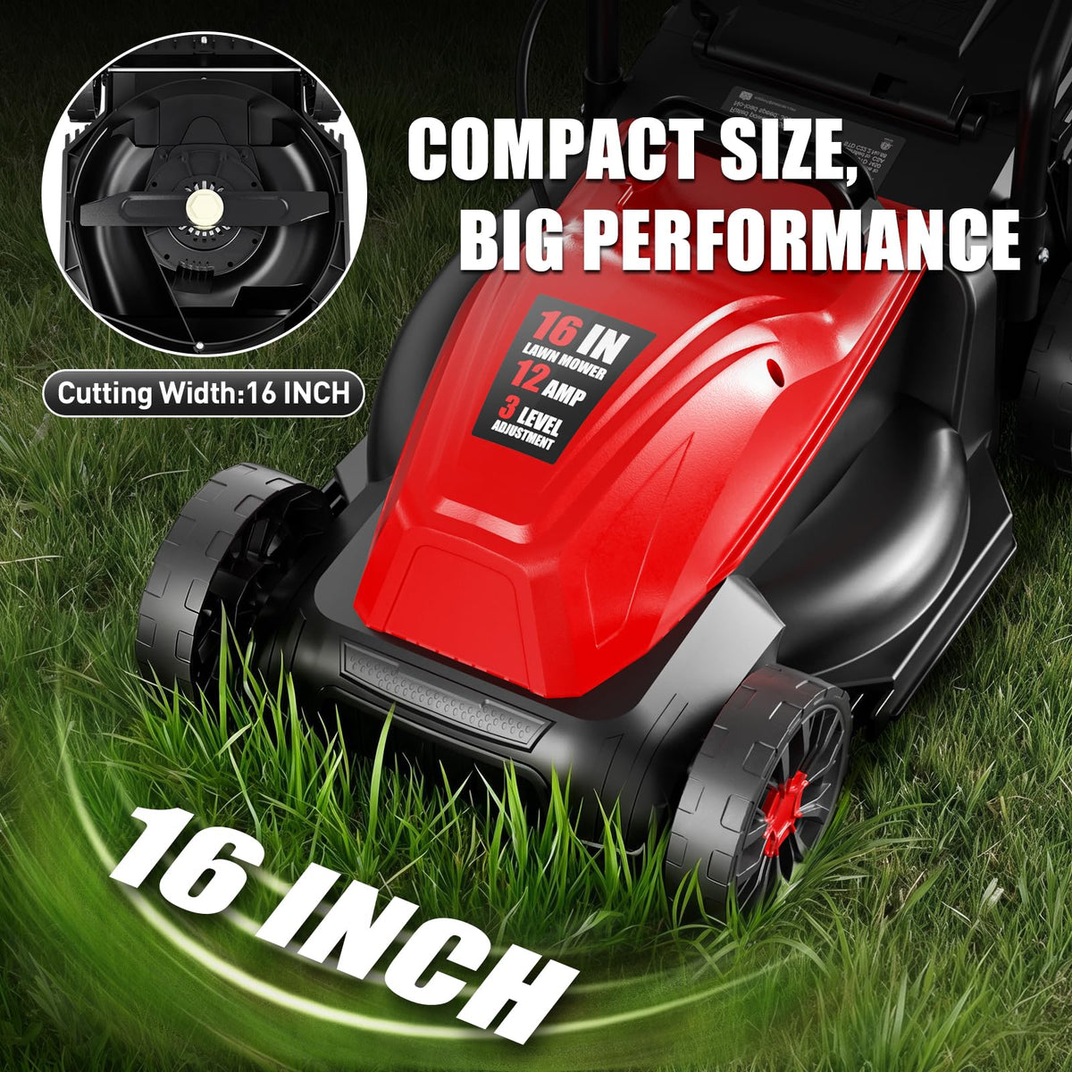 12Amp 16" Lawn Mower, 3-Position Height Adjustment, 2-in-1 Mulching &amp; Bagging, Corded Lawn Mower for Your Garden