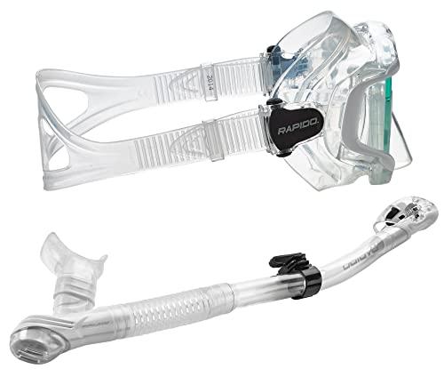 Phantom Aquatics Rapido Boutique Collection Clareza Three Window Tempered Glass Lens Mask Fin Snorkel Set with Snorkeling Gear Carry Bag, WHT - S