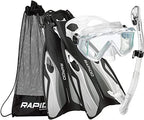 Phantom Aquatics Rapido Boutique Collection Clareza Three Window Tempered Glass Lens Mask Fin Snorkel Set with Snorkeling Gear Carry Bag, WHT - S