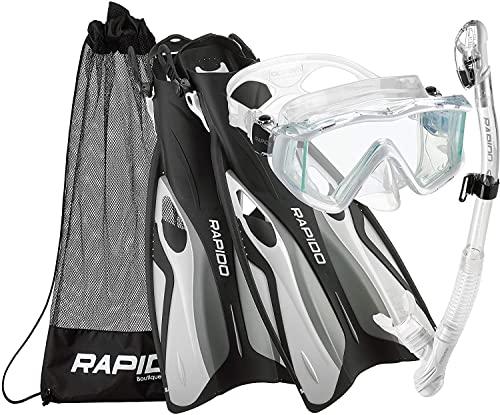 Phantom Aquatics Rapido Boutique Collection Clareza Three Window Tempered Glass Lens Mask Fin Snorkel Set with Snorkeling Gear Carry Bag, WHT - S