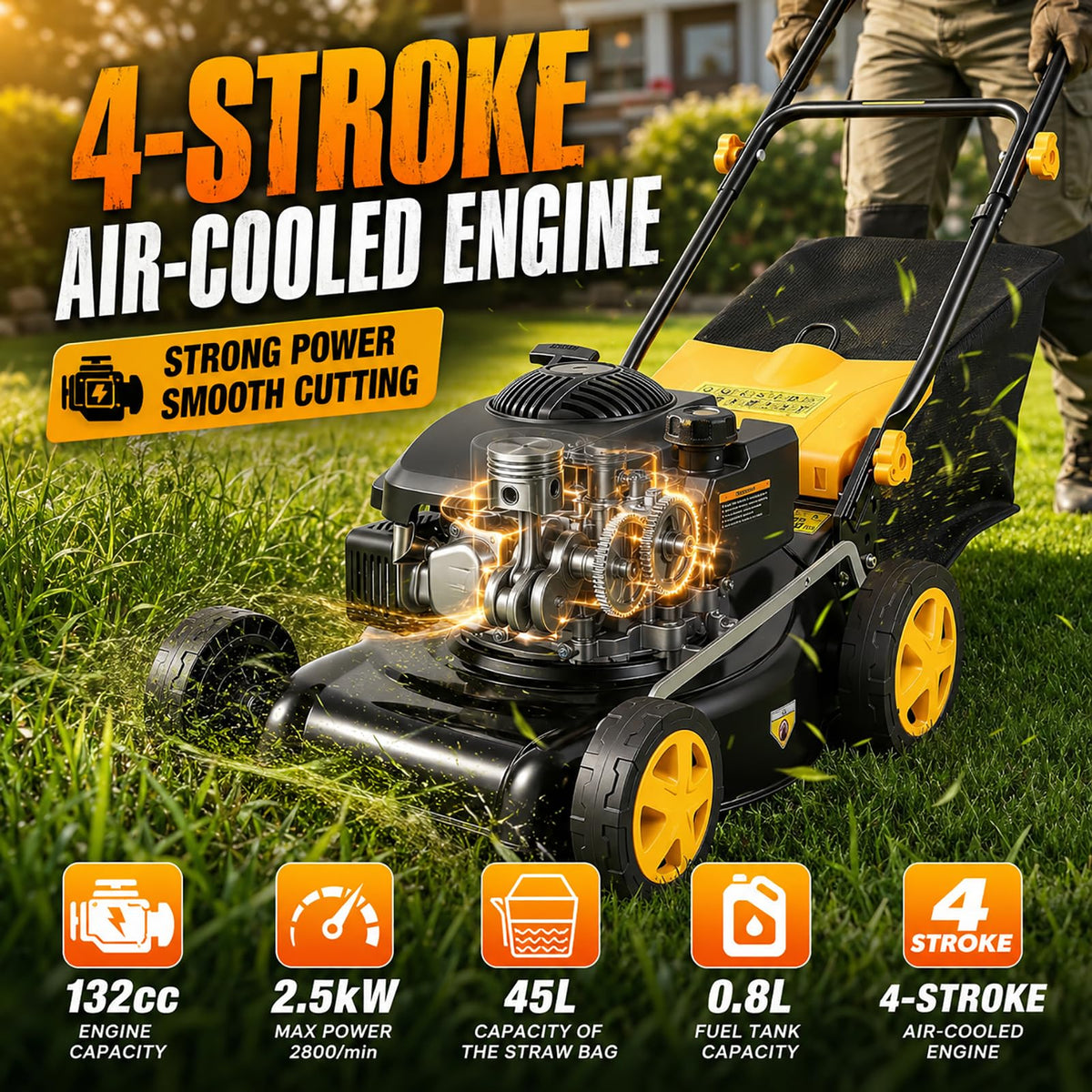 132CC Gas Lawn Mower 16-Inch with 45L Grass Bag and Height Adjustment | 4-stroke engine, 16-inch cutting width, 45L grass bag, 8-position height adjustment for small to medium yards
