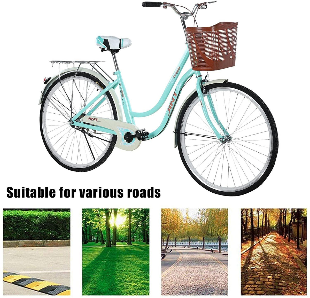 Kenxen 26-Inch Single Speed Beach Cruiser Bike, Comfortable Commuter Bicycle, High-Carbon Steel Frame, Front Basket &amp; Bell, Rear Racks, Retro Bicycle Unique Art Deco Scooter, Ladys Womens Bikes