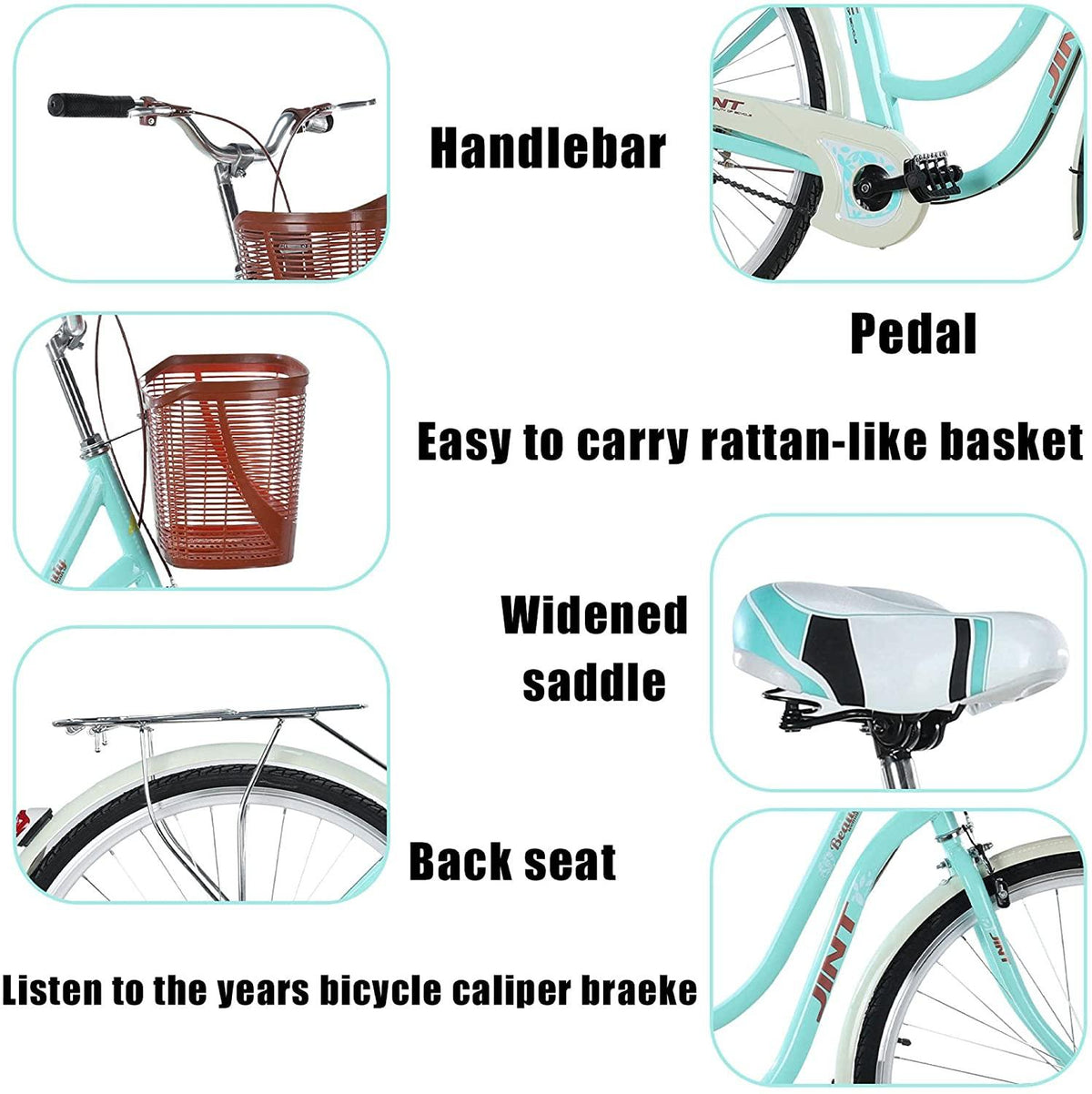 Kenxen 26-Inch Single Speed Beach Cruiser Bike, Comfortable Commuter Bicycle, High-Carbon Steel Frame, Front Basket &amp; Bell, Rear Racks, Retro Bicycle Unique Art Deco Scooter, Ladys Womens Bikes