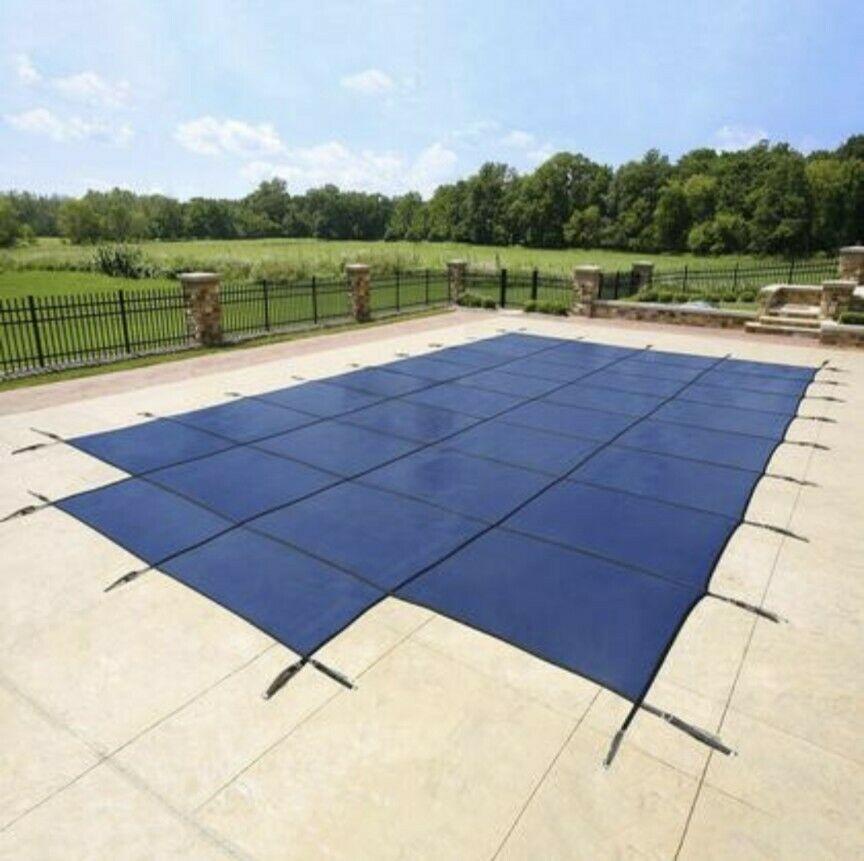 blue 18-year mesh safety cover for 16-ft x 32-ft pool w/ center end step