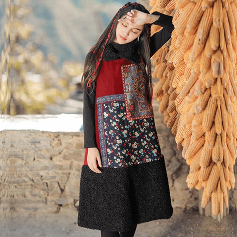 National Style Embroidery Stitching Quilted Sleeveless Dress