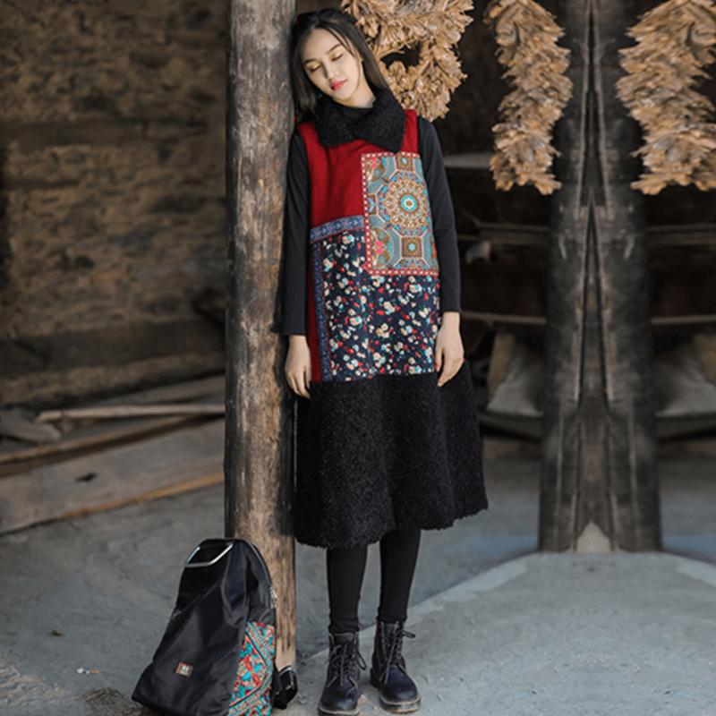 National Style Embroidery Stitching Quilted Sleeveless Dress