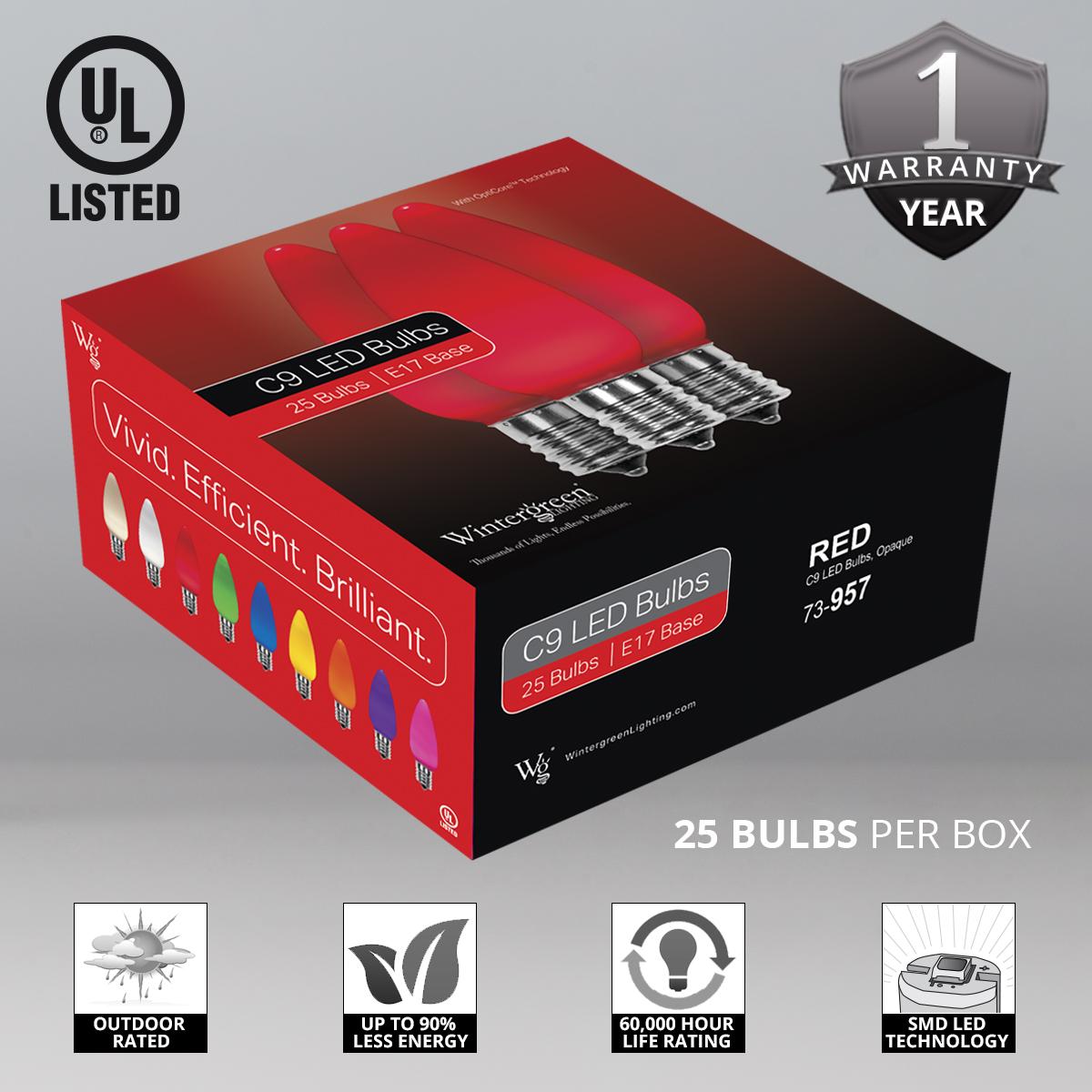 Opticore LED C9 Smooth Ceramic-Style Red and Cool White Christmas Lights with Shatterproof Christmas Bulbs, 50 Lights, 50’