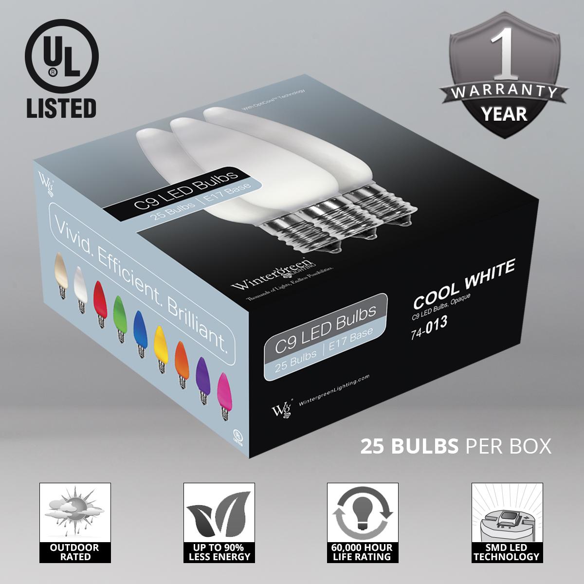 Opticore LED C9 Smooth Ceramic-Style Red and Cool White Christmas Lights with Shatterproof Christmas Bulbs, 50 Lights, 50’