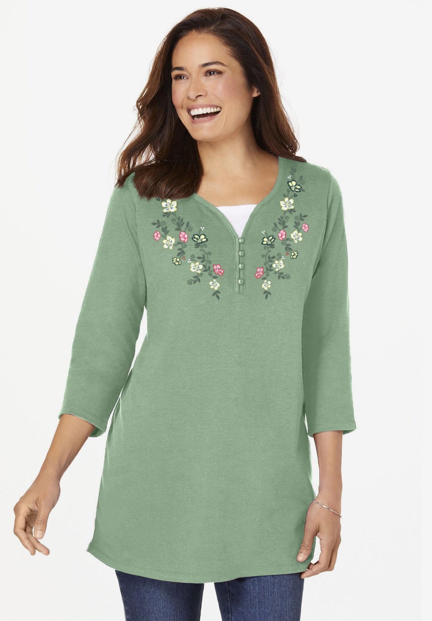 layered-look embroidered henley tunic