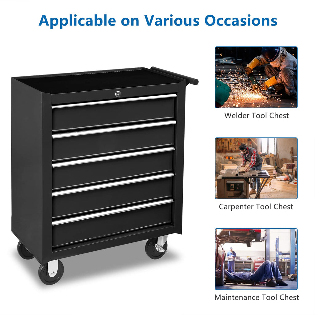 5-Drawer Rolling Tool Chest w/Drawers & Lock, Tool StoraCabinet with Lockable Wheels, Top Cushion & Drawer Liners, Tool Organizer Box for Garage, Warehouse & Repair Sho